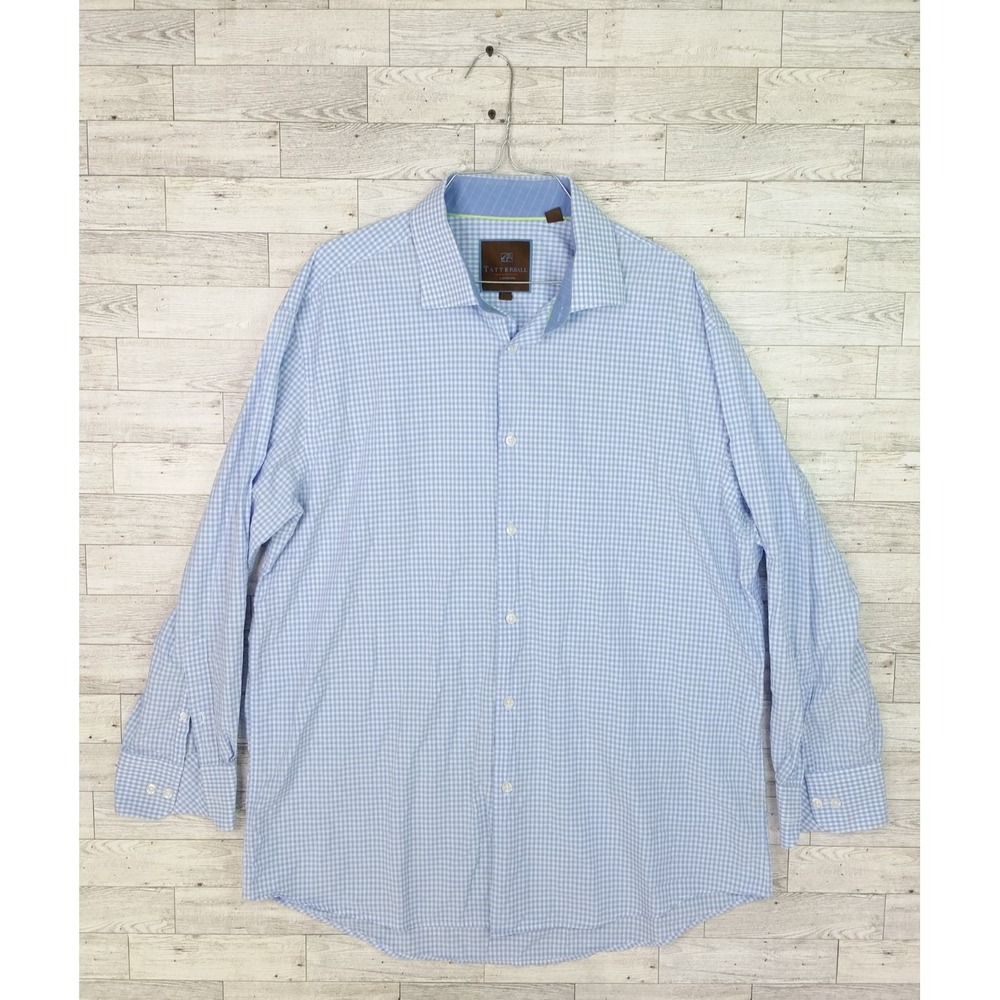 Men's James Tattersall London Blue Check Button Down Shirt XL 17 17-1/2 32/33